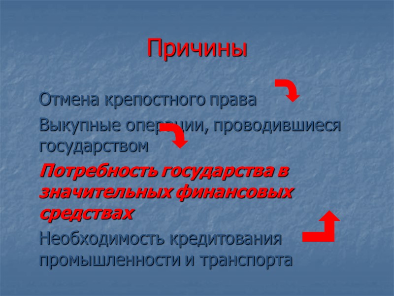 Причины  Отмена крепостного права  Выкупные операции, проводившиеся государством  Потребность государства в